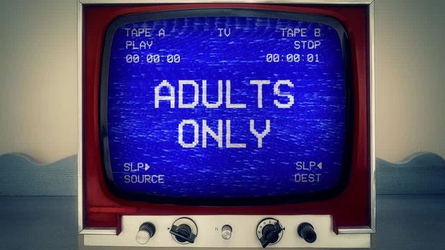 A retro vintage TV showing: an old damaged VHS tape tracking a bad signal coming from a double deck, with the text Adults only.
