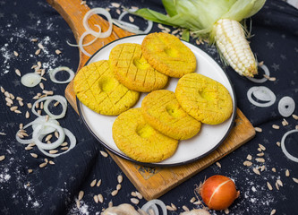 Mchadi - traditional Georgian cornbread traditionally eaten with Lobio and suluguni  cheese. Mchadi corn bread of Georgia cuisine. Vegan vegetarian healthy food