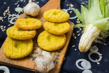 Mchadi - traditional Georgian cornbread traditionally eaten with Lobio and suluguni  cheese. Mchadi corn bread of Georgia cuisine. Vegan vegetarian healthy food