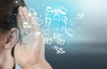 hand touching digital tablet, social media concept
