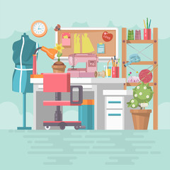 Workplace seamstresses in modern flat design