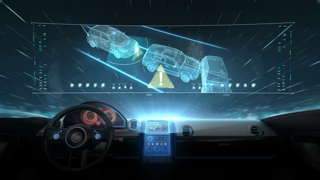 Inside of Future hybrid cars, Autonomous vehicle, Collision Avoid car, Keep the car distance, IOT connect car. 4k movie, 1.