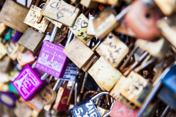 Close-up of the Love locks at Pont Neuf in Paris