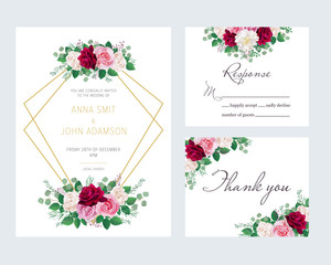Wedding floral invite, invitation save the date card design with burgundy red garden rose flowers, white peony, pink and white garden roses & elegant golden geometric decoration. Trendy wedding card. 