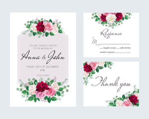 Wedding floral template collection.Wedding invitation, thank you card, save the date cards. Beautiful white peony and dark, pink,white roses. Vector illustration. EPS 10