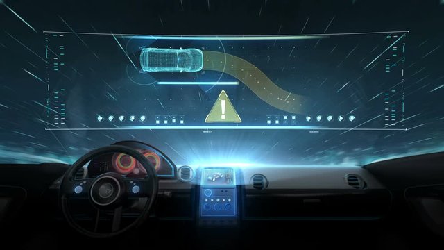Inside of Future hybrid cars, Avoiding collisions, Lane departure prevention, Autonomous vehicle, IOT connect car. 4k movie. 1.