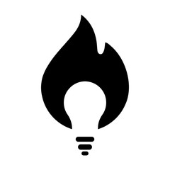 Hot idea vector icon.Light Bulb in fire. Lamp black vector icon. Bulb logo.