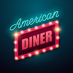 Retro light sign. American diner banner in vintage style. Vector illustration. 