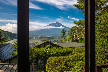 Personal perspective of traveler, looking at morning view of mt. fuji and taking a break.