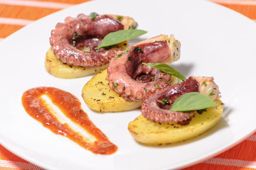 Platillo gourmet de pulpo con especias en una cama de patatas y salsa picante, en un plato blanco con mantel, platillo mexicano del mar