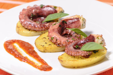 Platillo gourmet de pulpo con especias en una cama de patatas y salsa picante, en un plato blanco con mantel, platillo mexicano del mar