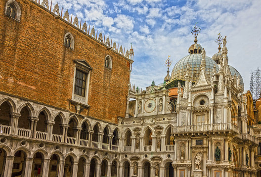 Venice, Italy. Doge palace (Palazzo Ducale) inside view and San Marco Cathedral