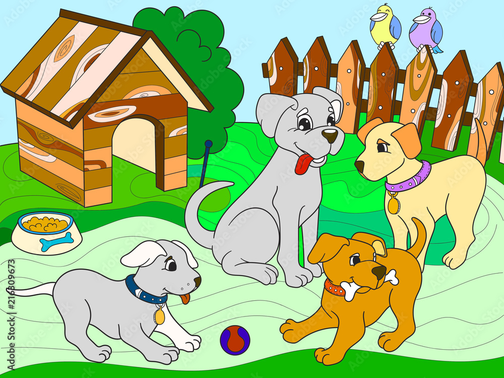 Sticker childrens color book cartoon family on nature. mom dog and puppies children