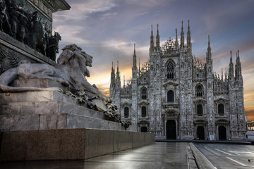 Milano Duomo square, Italy. Milan architecture. Piazza Duomo, lion sculpture
