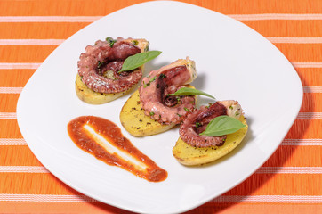 Platillo gourmet de pulpo con especias en una cama de patatas y salsa picante, en un plato blanco con mantel, platillo mexicano del mar