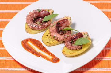 Platillo gourmet de pulpo con especias en una cama de patatas y salsa picante, en un plato blanco con mantel, platillo mexicano del mar