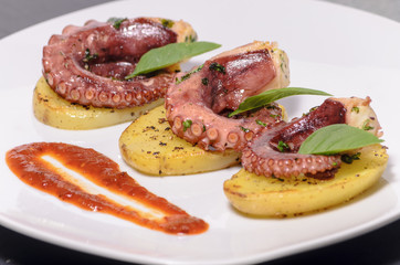 Platillo gourmet de pulpo con especias en una cama de patatas y salsa picante, en un plato blanco con mantel, platillo mexicano del mar