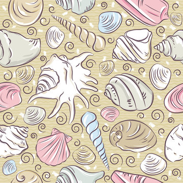 Seamless Patterns with  summer symbols, shellfish and clams  on  beige  background, vector illustration.