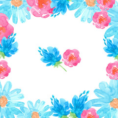 frame watercolor hand-drawn pink, blue flowers, rose, green leaves isolated on white background