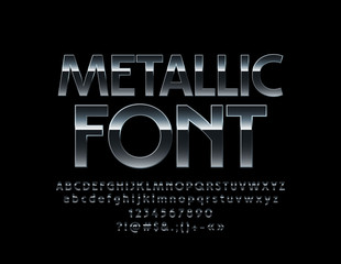 Vector Metallic Font. Elegant Silver Alphabet Letters, Numbers and Symbols