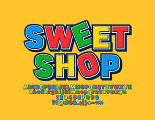 Vector Colorful Logo Sweet Shop. Bright Children Font.  Alphabet Letters, Numbers and Symbols for Kids