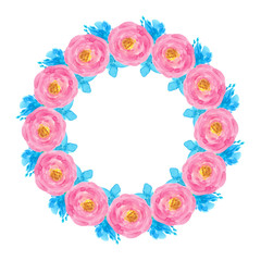 round frame watercolor hand-drawn pink, blue flowers isolated on white background