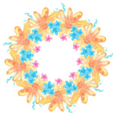 round frame watercolor hand-drawn pink, yellow, blue flowers isolated on white background