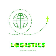 Global logistics network. Map global logistics partnership connection. Airplane connections network concept and colorful lettering.  Flat design. Vector illustration EPS10.