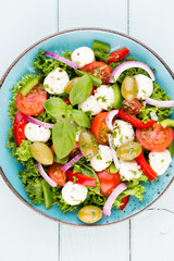 Vegetable salad with cheese mozzarella, tomatoes, basilikum and spice.