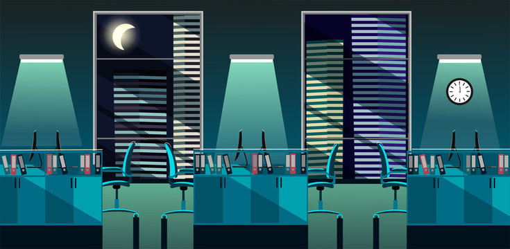 Flat vector illustration of modern office room interior with large windows in skyscraper with tables and PC at night. Open space for 6 people. Order on tables, document folders, turquoise moon light