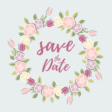 Vector illustration, Save the Date text and flower wreath. Wedding invitation design element.