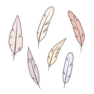 Set of abstract bright feathers on white background. Wild and free. Hand drawn vector illustration.