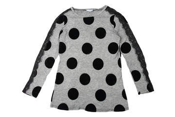 Summer fashion blouse. Female gray summer blouse with black dots isolated on white.