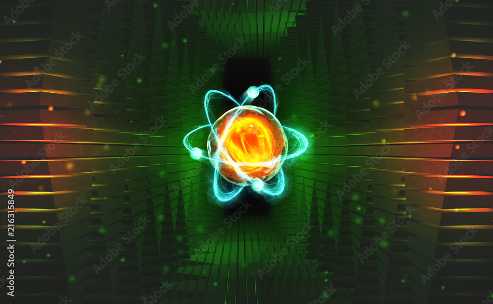 Aufkleber Creation of artificial intelligence. Experiments with the hadronic collider. Investigation of the structure of an atom. 3D illustration of an innovative breakthrough in science