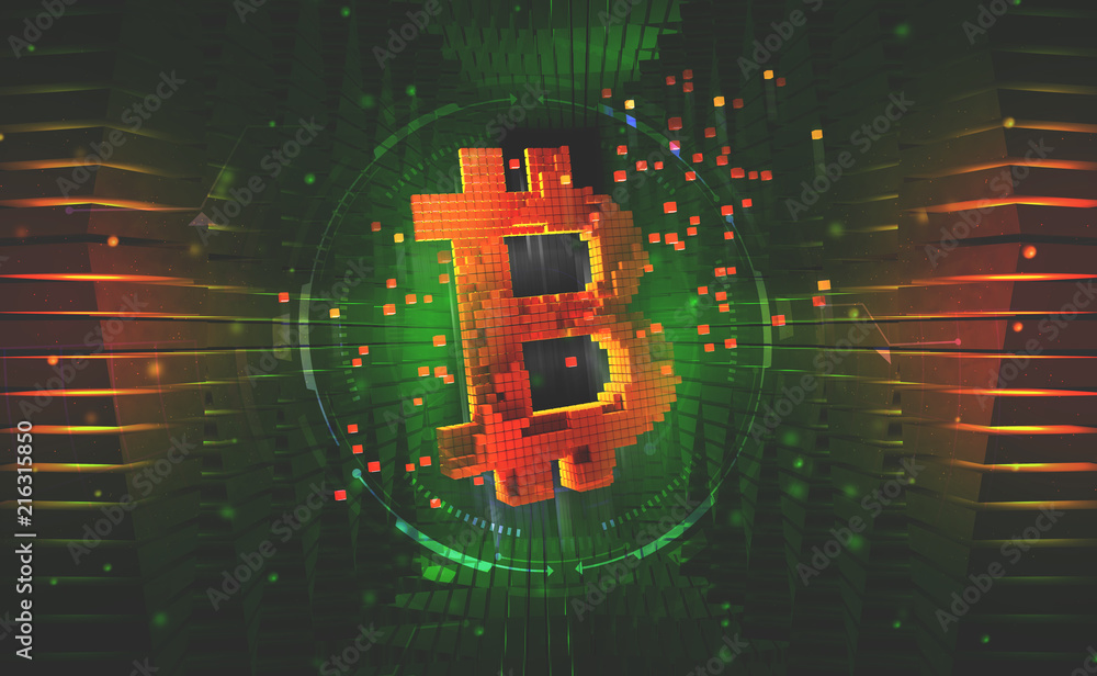 Poster bitcoin symbol. concept of cryptocurrency mining. 3d illustration on a technological background