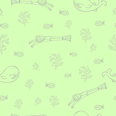 Ocean life seamless pattern. Whale, fish, corals and diver. Chest pirate treasure and whale.