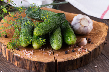 Pile of cucumbers ready for pickling with garlic and dill on table