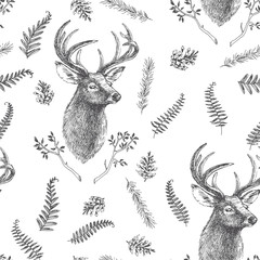 Materiał do szycia Vector vintage seamless pattern. Forest life. Hand drawn texture with deer head and botanical elements. Animal with branches, herbs and other natural details