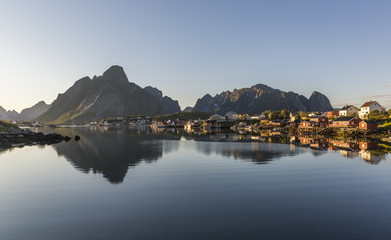 Beautiful fishing village of Reine in the sunset light, Lofoten islands