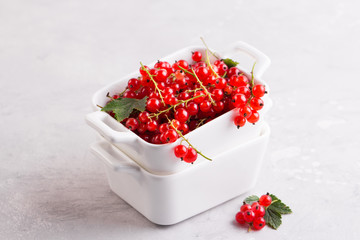 Ripe red currant in white bowl