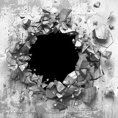 Dark cracked broken hole in concrete wall. Grunge background