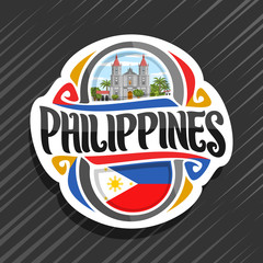 Vector logo for Philippines country, fridge magnet with filipino state flag, original brush typeface for word philippines and national filipino symbol - Molo church in Iloilo on cloudy sky background.