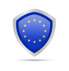Shield with European Union flag on white background. Vector illustration.