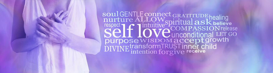 Self love word cloud - female torso holding hands over heart against a pink purple background with a SELF LOVE word cloud to the right side
