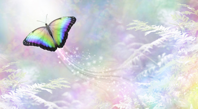 Metaphorical butterfly Into The Light departing soul - a rainbow coloured butterfly heading towards white light leaving a trail of sparkles against a rainbow coloured foliage background
