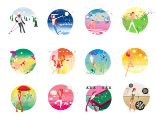 Zodiac sports lady. A set of 12  images of a young girl in a zodiac sign on a complex background.