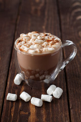 Glass cup of cocoa with marshmallow