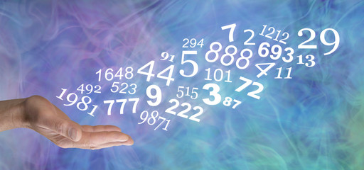 Consult a Numerologist and learn about your personal NUMBERS - male open palm with a stream of random numbers flowing upwards on a blue green purple wispy smokey background 
