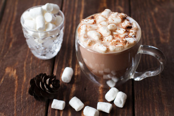 Glass cup of cocoa with marshmallow