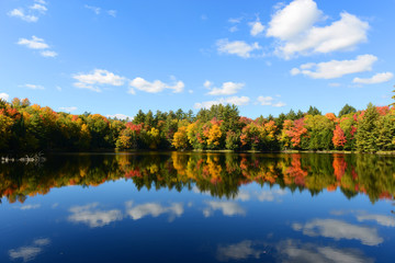Church Pond in fall with foliage in town of Paul Smiths, Adrondack Mountains, New York, USA.